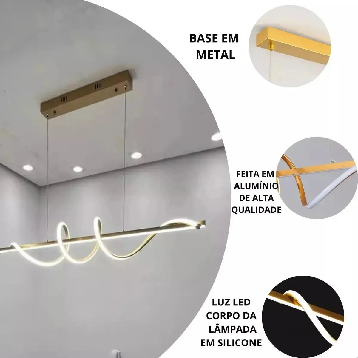 Lustre Pendente Led 45w 3 Em 1 Moderno Quarto Sala Dourado