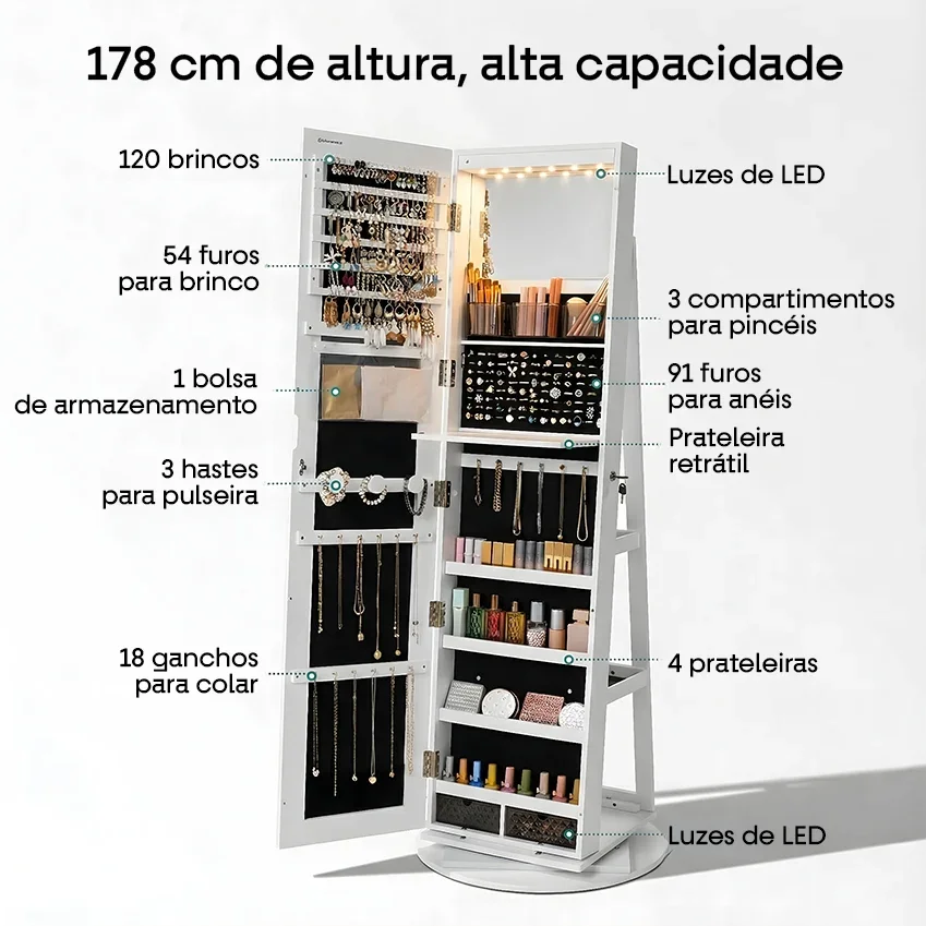 Espelho 360° 3 em 1 Penteadeira & Porta Joias e Bolsas